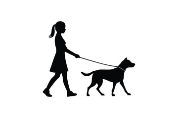 Woman Walking Dog on Leash in Black Silhouette Style Isolated on White Background Simple Vector Illustration silhouette