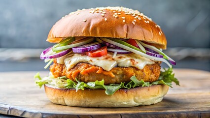 Photo of a delectable gourmet chicken burger, generously topped with melted cheese, crisp lettuce, red onions, and fresh vegetables on a sesame seed bun