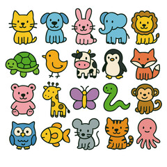 Colorful animal icon set with cat dog rabbit elephant lion turtle bird cow penguin fox bear giraffe butterfly snake monkey owl fish mouse tiger