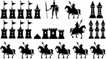 Black silhouettes of castles, towers and knights on horseback in a medieval fantasy setting illustration
