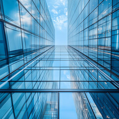 Obraz premium Looking up at modern glass skyscrapers reflecting the blue sky