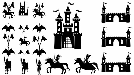 Collection of medieval themed silhouettes featuring castles knights horses flags and various heraldic elements