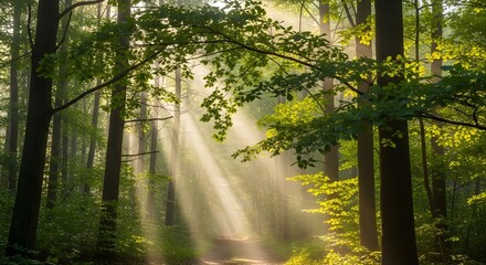 Obraz premium Lush Green Jungle Path with Sunlight Streaming Through the Canopy