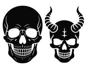 Skull Silhouette Horned and Human Design, Two unique black skull silhouettes on white background featuring a horned skull and human skull ideal for tattoo poster t-shirt and digital art