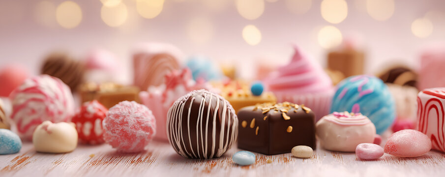 Colorful display of assorted sweets and desserts on a wooden surface during a festive gathering
