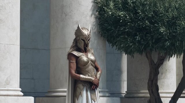 Ancient Egyptian-inspired statue with animal head and human body standing between columns. Historical architecture, mythology concept for museum, education, or themed attraction.