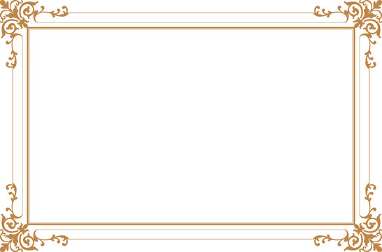 Elements of ornate vintage frames. Border gold on white classic calligraphy swirls, floral motifs. Design print for greeting cards, wedding invitations, restaurant menu, royal certificates. Set 577
