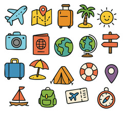 Colorful travel icon set with airplane map suitcase palm tree sun camera passport globe signpost umbrella tent lifebuoy location pin sailboat