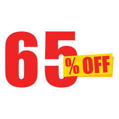 65% off discount sticker. Special offer price tag, sale banner, promotional label