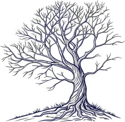 Black and white vector silhouette of an old bare oak tree with roots and a bird on a branch, illustrating the beauty of nature through all seasons