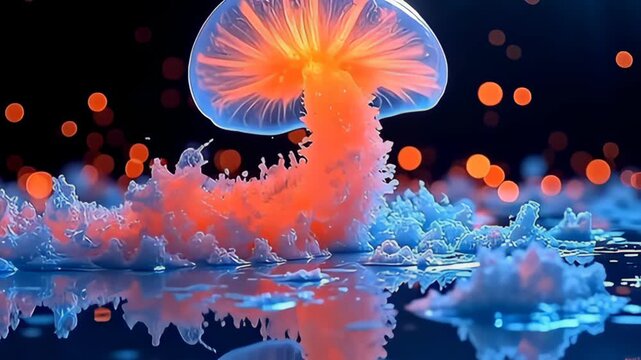 inwards angstrom calm and clean environment, angstrom radiant particle twist same jellyfish inwards retard movement emerges, beam inwards impinging tints of coral and azure, it elegant,