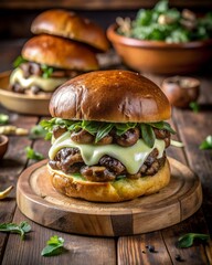 Photo of a decadent mushroom and cheese burger, generously topped with melted cheese and sauted mushrooms, presented on a rustic wooden plate