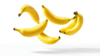 Five bananas levitate against a white background.  They're yellow, with some brown spots, and appear to be in mid-air