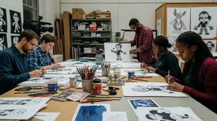 Art students working on drawings in studio class. Young diverse people practicing sketching techniques. Creative education and skill development in visual arts classroom - Powered by Adobe