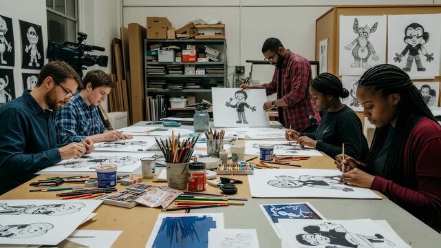 Art students working on drawings in studio class. Young diverse people practicing sketching techniques. Creative education and skill development in visual arts classroom - Powered by Adobe