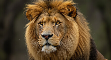 Fototapeta premium Majestic male lion portrait, intense gaze, golden mane, powerful presence.