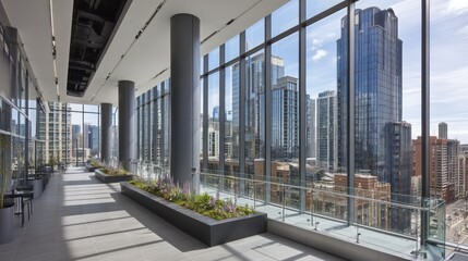 Modern, urban atrium with expansive city views.