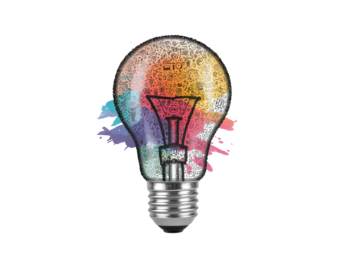 Colorful Lightbulb Filled with Doodle Icons and Abstract Paint Splatter Design Element isolated on a transparent background