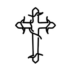 Cross with thorns illustrated in simple black line art  
