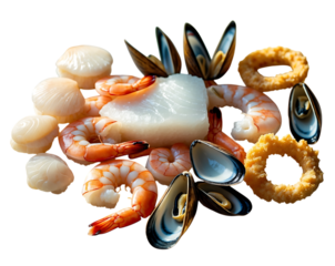 A seafood platter with shrimp mussels and scallops