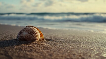 Seashell on sandy beach with ocean waves in background.