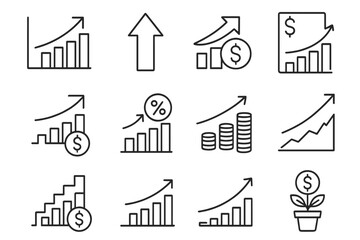 Black and white financial icons depicting growth and economic progress