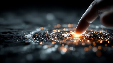 A human finger touching a glowing, swirling, abstract network of light and particles.
