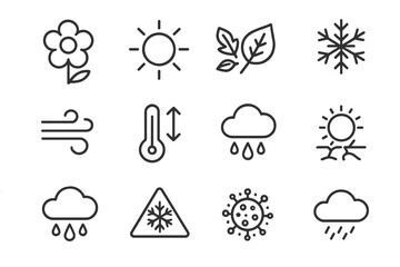 Obraz premium Weather icons set: sun, rain, snowflake, wind, flower, leaf, cloud, thermometer