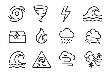 Weather and natural disaster icons: storm, tornado, fire, flood, wind, warning signs