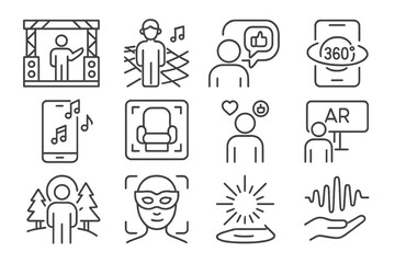 Outline icons of virtual reality and technology in grey background