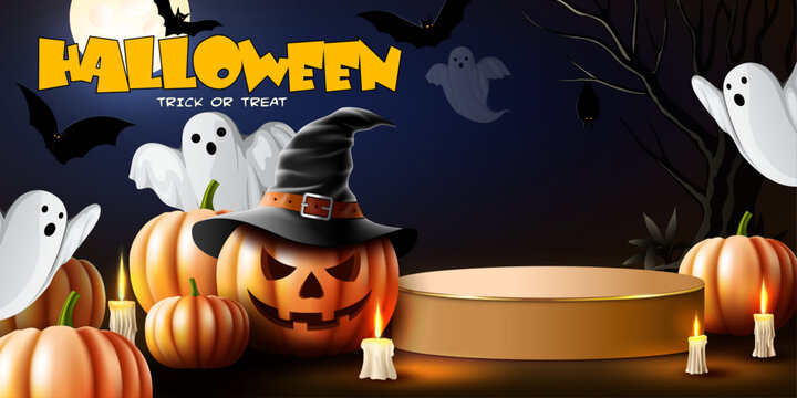 happy halloween and halloween festival products display and presentation background vector illustration.candles,ghosts and pumpkins decoration haunted horror banner design element.