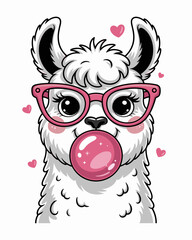 Funny vector illustration of an alpaca with chewing gum bubble
