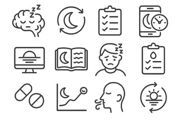 Sleep and health icon set illustrating rest, monitoring, and relaxation