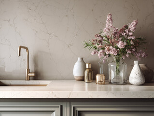 Smooth quartz slab backsplash in soft taupe tone, subtle marbling and edge detailing