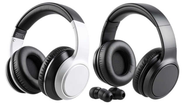  3D Headphone and Earbud Pairing  Black and White Audio Set in Side View, Transparent Cutout