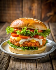 Photo of a juicy, gourmet hamburger with melted cheese, fresh lettuce, and ripe tomatoes, served on a white plate against a rustic wooden background