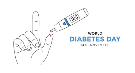 World Diabetes Day illustration: a hand pricking a finger for blood glucose testing with a digital glucometer.