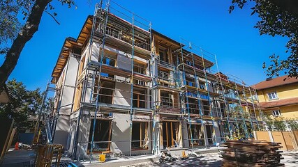 Multi-story building under construction with scaffolding