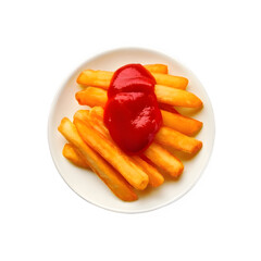 White plate of delicious french fry with tomato ketchup on transparent background