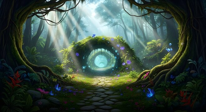 A winding path leads through an enchanted fantasy forest with glowing mushrooms, bioluminescent plants, and magical flora, creating a surreal and mystical landscape perfect for whimsical adventures an