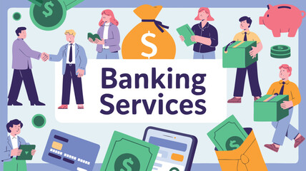 Banking Services Illustration People, Money Bag, Credit Card, Piggy Bank, Handshake, Smartphone, Boxes and Cash