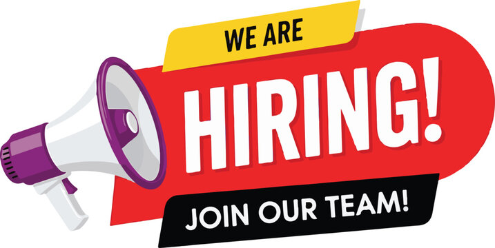 Vector art of megaphone announcing we are hiring join our team