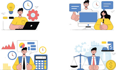 Obraz premium Business Professionals Working with Idea Generation, Computer Communication, Finance and Law in Flat Illustration