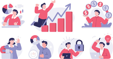 Business Success Flat Illustration of Analytics, Achievements, Ideas, Security and Growth in Pink and Blue