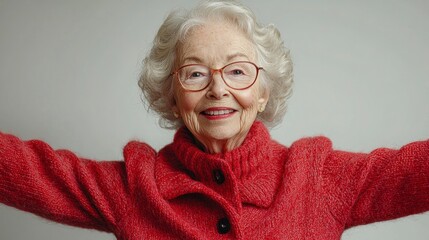 Joyful Elderly Woman Dancing Salsa in Stylish Red Sweater with Vibrant Smile and Energy in Modern Indoor Setting