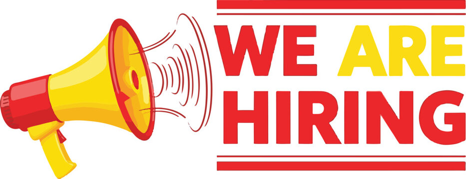 Vector art of megaphone announces we are hiring with bold text
