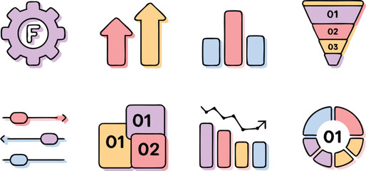 Colorful Business Chart Icon Set Gear, Arrows, Bars, Funnel, Pie Chart, and More