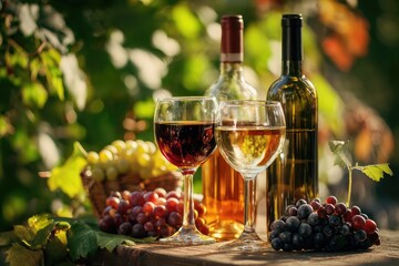 Wine bottles and glasses with grapes in a vineyard setting