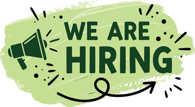 Vector art of we are hiring announcement with megaphone and green brushstroke