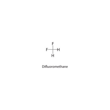 Difluoromethane skeletal structure. Fluoroalkane compound schematic illustration. Simple diagram, chemical formula.